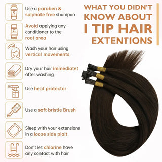 Full Shine Micro Bead I Tip Hair Extensions made with 100% virgin human hair in Dark Brown #2 provide a secure, heat-free, and reusable application.