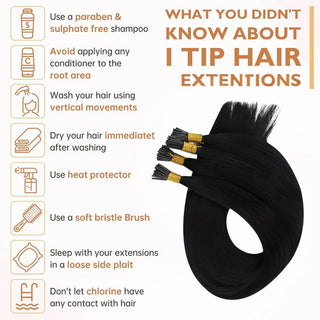 Full Shine Micro Bead I Tip Hair Extensions made with 100% virgin human hair in Jet Black #1 provide a secure, heat-free, and reusable application.