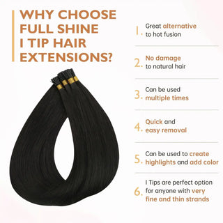Full Shine Micro Bead I Tip Hair Extensions made with 100% virgin human hair in Off Black #1B for a secure, heat-free installation and natural appearance.