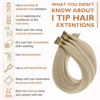 Professional salon-quality I Tip Hair Extensions crafted from virgin human hair in Pink Blonde Lowlights for long-lasting wear and a natural appearance.