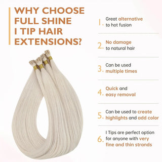 Full Shine Pre Bonded I Tip Human Hair Extensions in White Blonde #1000 provide soft, silky texture with natural shine and healthy thick ends.