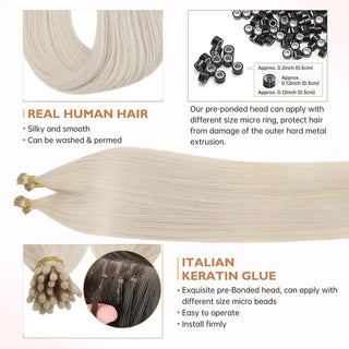 Full Shine Pre Bonded Virgin Human Hair I Tip Extensions in White Blonde #1000 add natural length, volume, and seamless color matching.