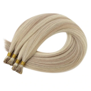 Seamless blend I Tip Hair Extensions made from 100% virgin human hair in Pink Blonde Lowlights with lightweight micro bead installation and natural movement.