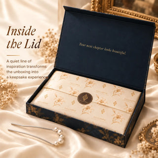 An open Full Shine The Bridesmaid gift box featuring cream branded tissue paper, a matching round seal sticker, and a pearl hair accessory.