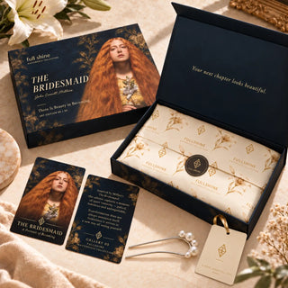 Full Shine The Bridesmaid packaging collection featuring the navy art box, coordinated collector cards, branded tissue paper, and matching accessories.