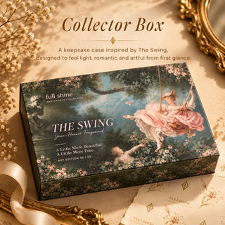 Full Shine The Swing hair extension gift box featuring Fragonard-inspired swing artwork, pink blossoms, and a romantic garden scene.
