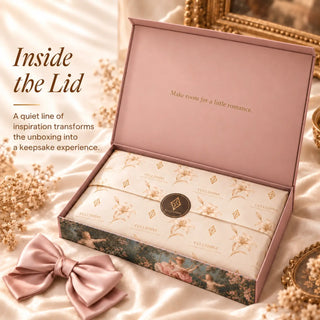 An open Full Shine The Swing gift box with cream branded tissue paper, a matching round seal sticker, and a blush pink satin bow.