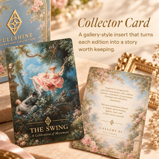 A Full Shine story card inspired by The Swing, featuring an art-inspired message and a romantic decorative design.