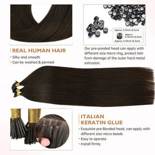 Full Shine Virgin Hair I Tip Extensions in Dark Brown #2 are designed for thin hair, adding natural volume, length, and a seamless blend.