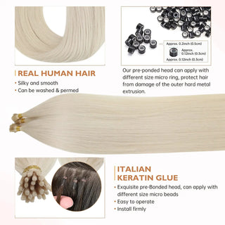 Full Shine Virgin Hair I Tip Extensions in Bleach Blonde #60 are crafted from premium human hair to add natural length, volume, and shine.