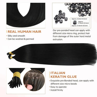 Full Shine Virgin Hair I Tip Extensions in Jet Black #1 are designed for thin hair, adding natural volume, length, and a seamless blend.