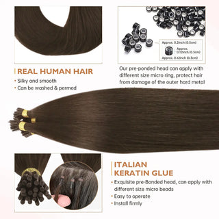 Full Shine Virgin Hair I Tip Extensions in Medium Brown #4 are ideal for thin hair, adding natural volume, length, and comfortable all-day wear.