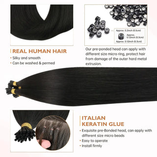Full Shine Virgin Human Hair I Tip Extensions in Off Black #1B provide lightweight volume, natural movement, and a comfortable micro bead application for thin hair.