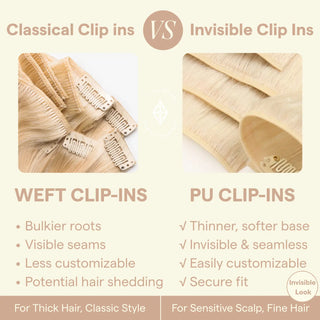 Compare Full Shine Invisible Clip-In Hair Extensions with Weft Clip-In Hair Extensions. The invisible clips offer a seamless, discreet look, while weft clip-ins provide added volume and thickness with a more visible attachment, both offering high-quality Remy hair for natural, long-lasting results.