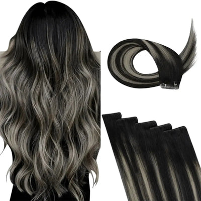 Full Shine Virgin Hair Invisible Tape in Extensions Human Hair Balayage Highlights (#1B/Silver/1B )-Seamless Injection Tape in extension-Full Shine