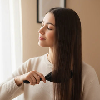 Full Shine black boar bristle air cushion comb helps smooth hair and distribute natural oils evenly.