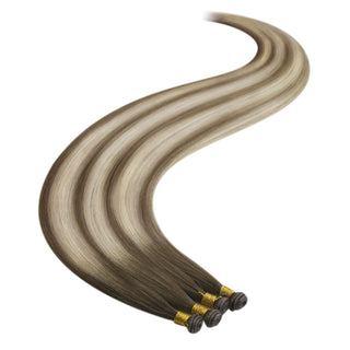 Full Shine Genius Weft, Virgin Hair Extensions, Espresso Brown to Golden Blonde Ombre, Seamless Weft Hair, Natural Finish Extensions, Long-Lasting Hair Bundles, Soft and Lightweight Weft, Salon-Quality Hair, Heat-Stylable Weft Extensions