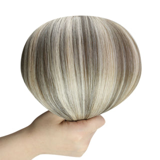 Full Shine Hybrid Weft, Virgin Hair Bundles, Chestnut Brown to Golden Blonde Ombre, Natural Looking Hair Extensions, Hand-Tied Comfortable Weft, Long-Lasting Volume, Soft and Tangle-Free Hair, Premium Weft Extensions, Heat-Stylable Hair Weave