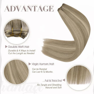 Full Shine ash brown balayage virgin hair extensions, soft and tangle-free Brazilian human hair weft for salon-quality sew-in styles.