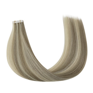 Full Shine ash brown lowlights blonde highlights virgin injection tape in extensions with a lightweight design for comfortable styling.