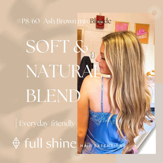 Full Shine ash brown highlights virgin genius weft hair extensions, silky Brazilian human hair for natural dimensional salon blending.