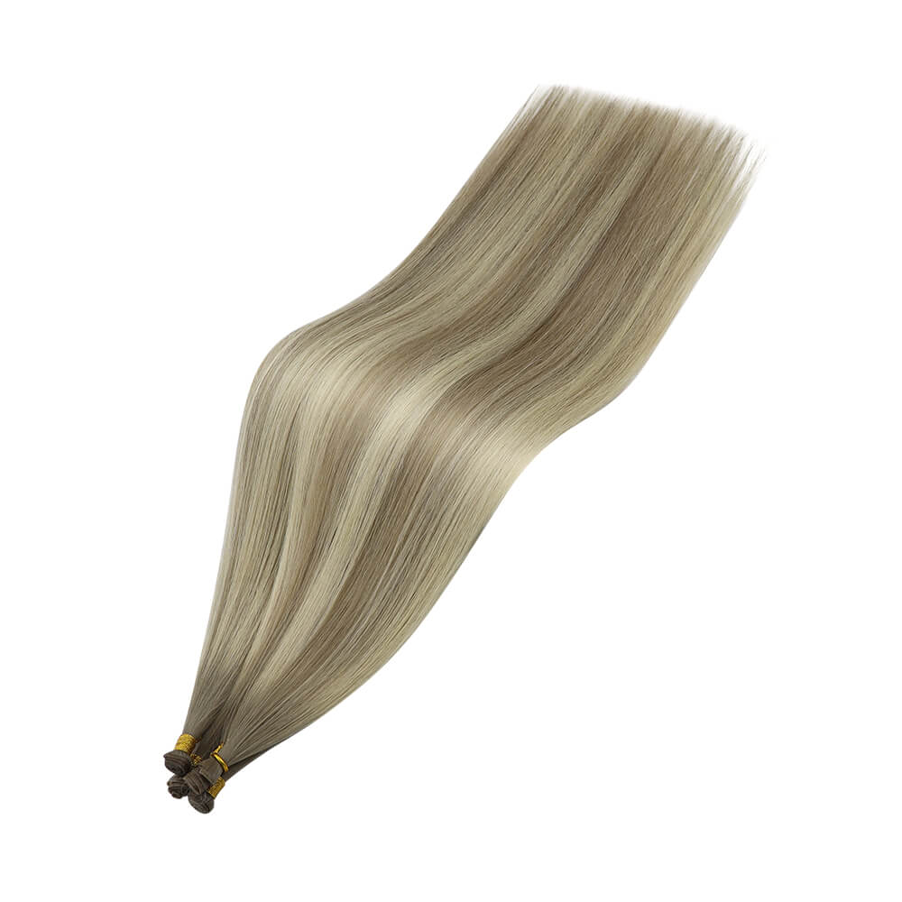 Full Shine creamy beige blonde human hair extensions with neutral soft blonde tones and natural dimension