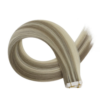 Full Shine ash brown lowlights blonde highlights tape in hair extensions with injection technology, made from virgin hair for natural movement.