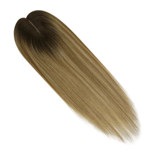 Full Shine balayage blonde hair topper after wearing, adding natural fullness and beautiful movement.