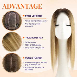 Full Shine balayage blonde real human hair topper showing soft texture, dimensional color, and premium hair quality.