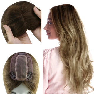 Full Shine balayage blonde hair topper with small base design made from real human hair for natural blending and added volume.