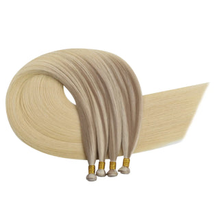 Full Shine balayage blonde highlight genius weft virgin hair extensions, smooth Brazilian human hair for dimensional salon blending.