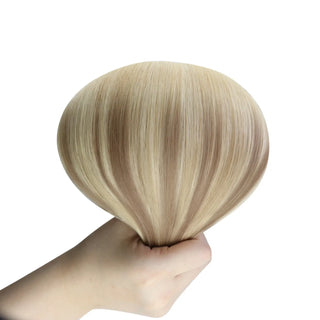 Full Shine balayage blonde virgin genius weft hair extensions, silky Brazilian human hair for smooth and natural salon blending.