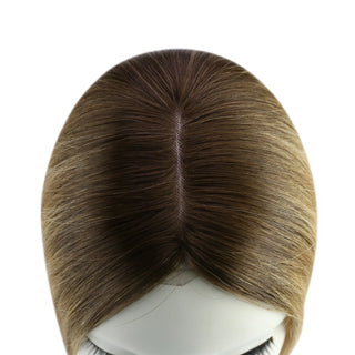 Full Shine balayage blonde small base hair topper creating a natural-looking hairstyle with seamless color transition.
