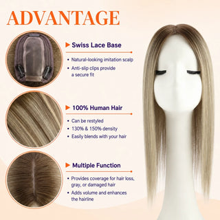 Full Shine balayage brown real human hair topper featuring soft texture and dimensional color.
