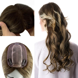 Full Shine balayage brown hair topper with small base made from real human hair for natural blending.