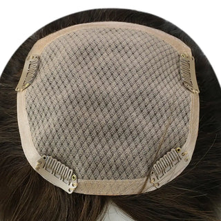 Full Shine large base balayage brown hair topper provides extended coverage for thinning areas and fuller hair.