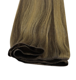 Full Shine balayage brown highlight virgin weft extensions, premium Brazilian human hair for smooth and long-lasting wear.