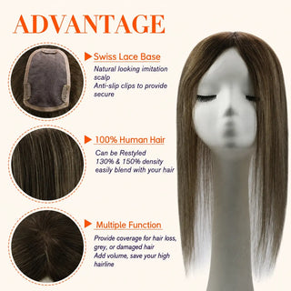 Full Shine balayage brown topper for women creating a soft blend with added natural volume.