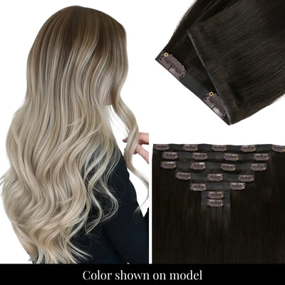 Soft PU injected balayage brown human hair clip ins