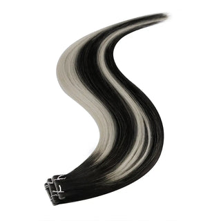 Full Shine black and silver highlights injection tape in hair extensions made with virgin hair, creating a dimensional blend with seamless tape application.