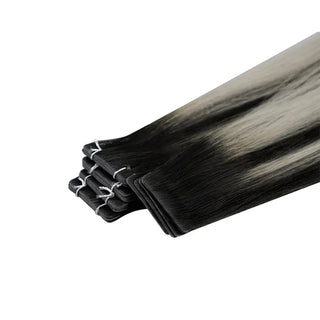 Full Shine black and silver highlights tape in hair extensions with injection technology, made from virgin hair for natural movement.