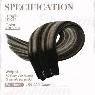 Full Shine virgin hair weft extensions in black and silver highlights, premium Brazilian human hair bundles for smooth, salon-quality styling.