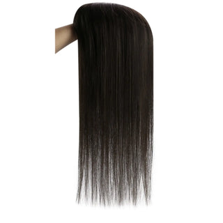 Full Shine black human hair topper showing soft texture, natural shine, and premium hair quality.