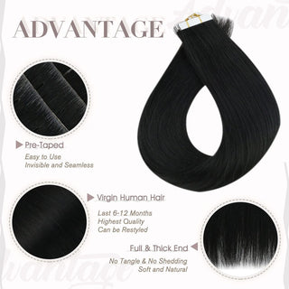 Full Shine black injection tape in hair extensions made with virgin hair, creating a natural blend with seamless tape application.