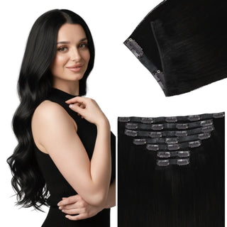 Fullshine black genius PU clip in hair extensions for maximum volume