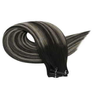 Full Shine Balayage Black Silver Blonde Hair Weft Extensions, 100% Virgin Human Hair, Genius Weft Hair, Hybrid Weft Extensions, Sew-In Weft Bundles, Seamless Weft Extensions, Soft Silky Hair