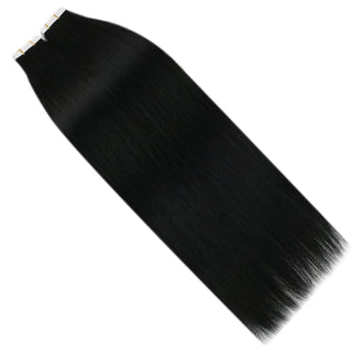 Full Shine black tape in hair extensions with injection technology, made from virgin hair for smooth and natural styling.