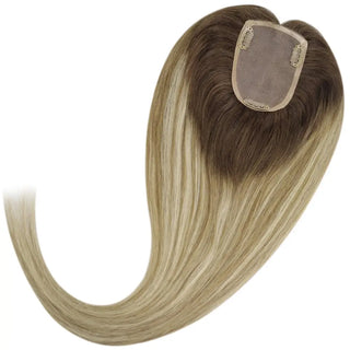 Full Shine blonde balayage hair topper creating a natural-looking hairstyle with added fullness and seamless blend.
