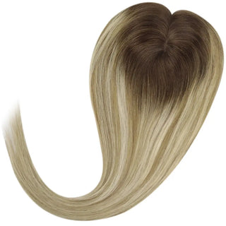 Full Shine blonde balayage virgin hair topper showing premium hair texture, soft movement, and natural shine.