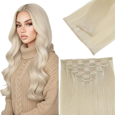 Full Shine blonde injection PU clip in hair extensions seamless blend